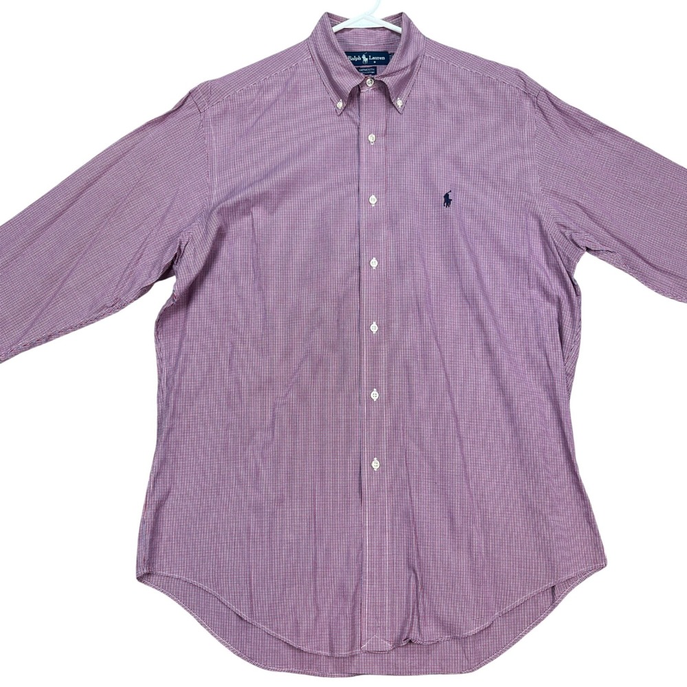 Ralph Lauren Mens Red Blue Check Long Sleeve Button Down Shirt 15.5 34/35 Pony
